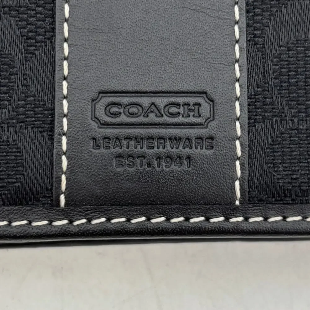 Coach Signature Jacquard Bifold Card Case Wallet Black Leather Compact
